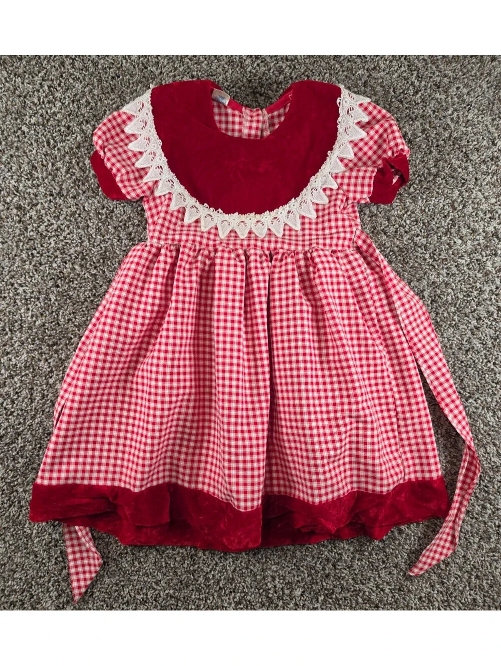 Vintage Girls Sz 7 A Line Puff Sleeve Gingham Dress Red White Velvet Bib Front